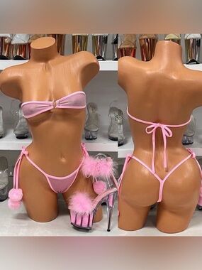 PZ Houston | Pink Velvet Micro Bikini Set with Pom Pom Ties | NWOT | OS